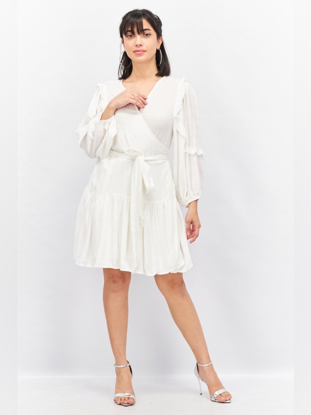 Grade & Gather Women Textured Mini Dress, White Wrap Tie Waist large